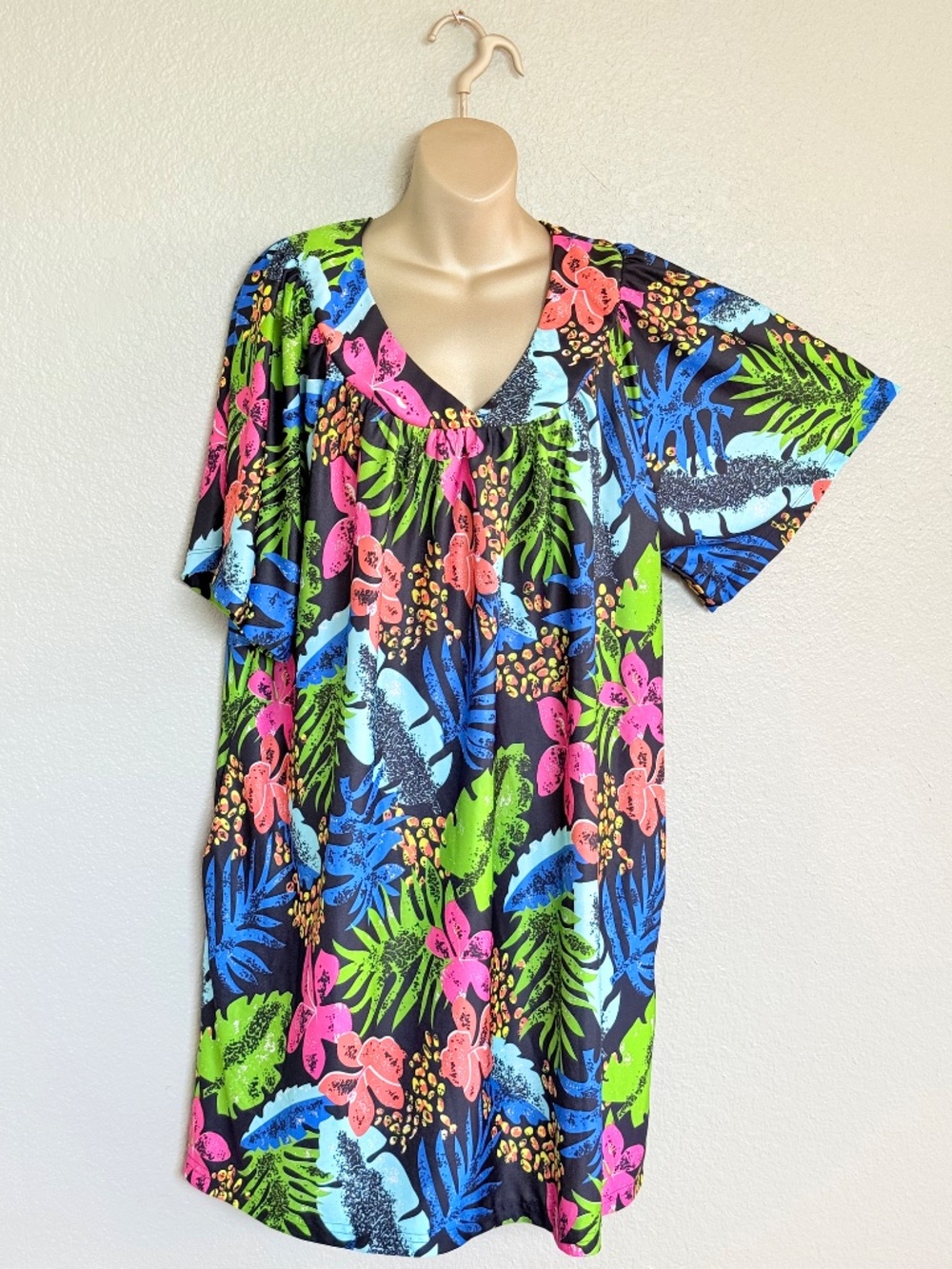 Retro Tropical Muumuu Kaftan Vibrant Floral Neon Jungle House Dress w/Pockets 2X